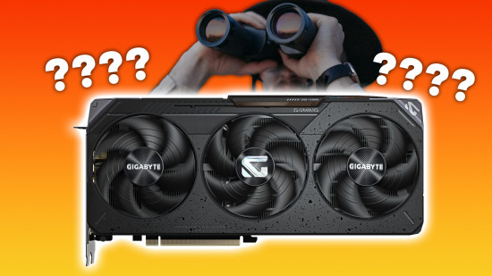 man looking for radeon amd rx 9070 xt with binoculars and question marks around both